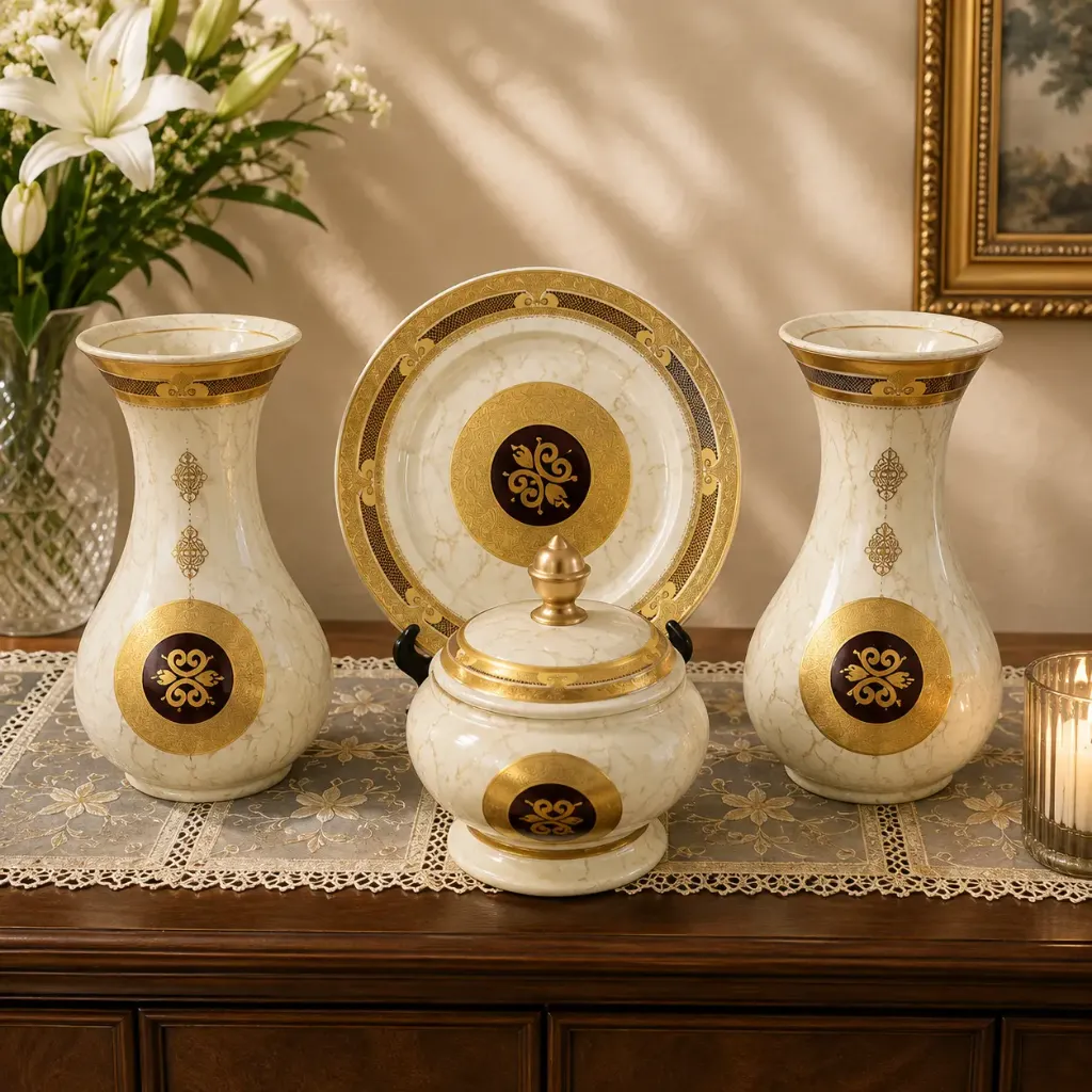 [HD-54S4] Beige and Gold 4 Piece Ceramic Vase Set - 12"