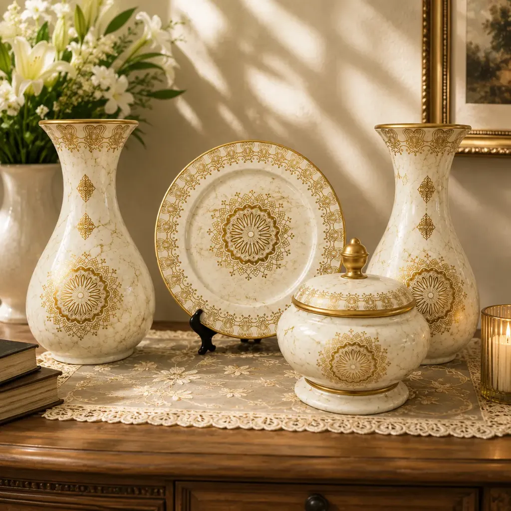 [HD-56S4] Beige and Gold 4 Piece Ceramic Vase Set - 12"