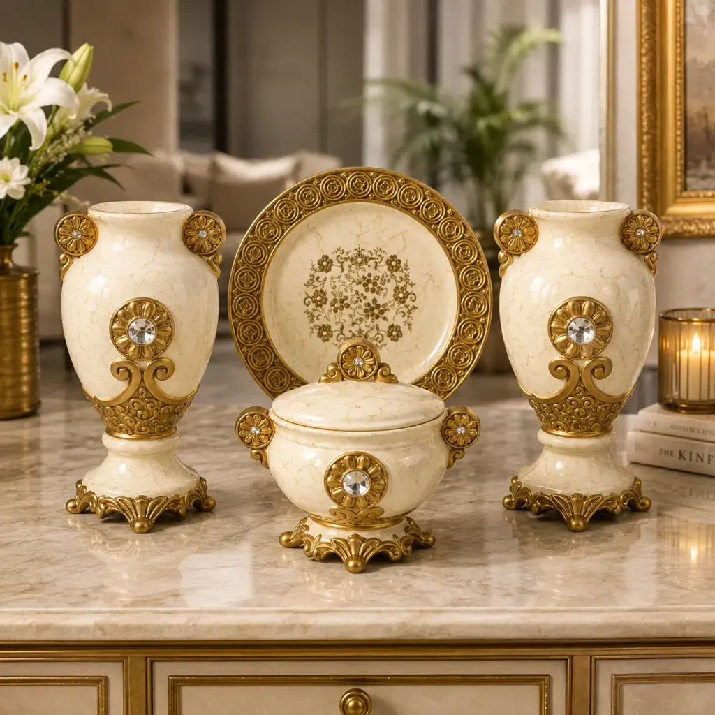 [HD-4PCVS-103] Beige and Gold Diamond Four Piece Ceramic Vase Accessory Set - 12"