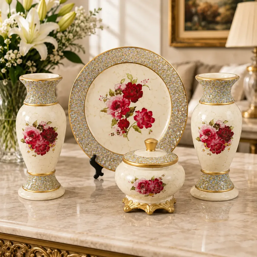 [HD-4PCVS-101] Beige and Gold Floral Four Piece Ceramic Vase Accessory Set - 12"