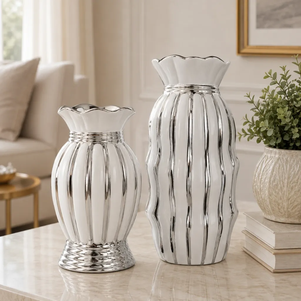 [HD-CVDS-2000] 2 Piece White and Silver Ceramic Vase Set - 7"