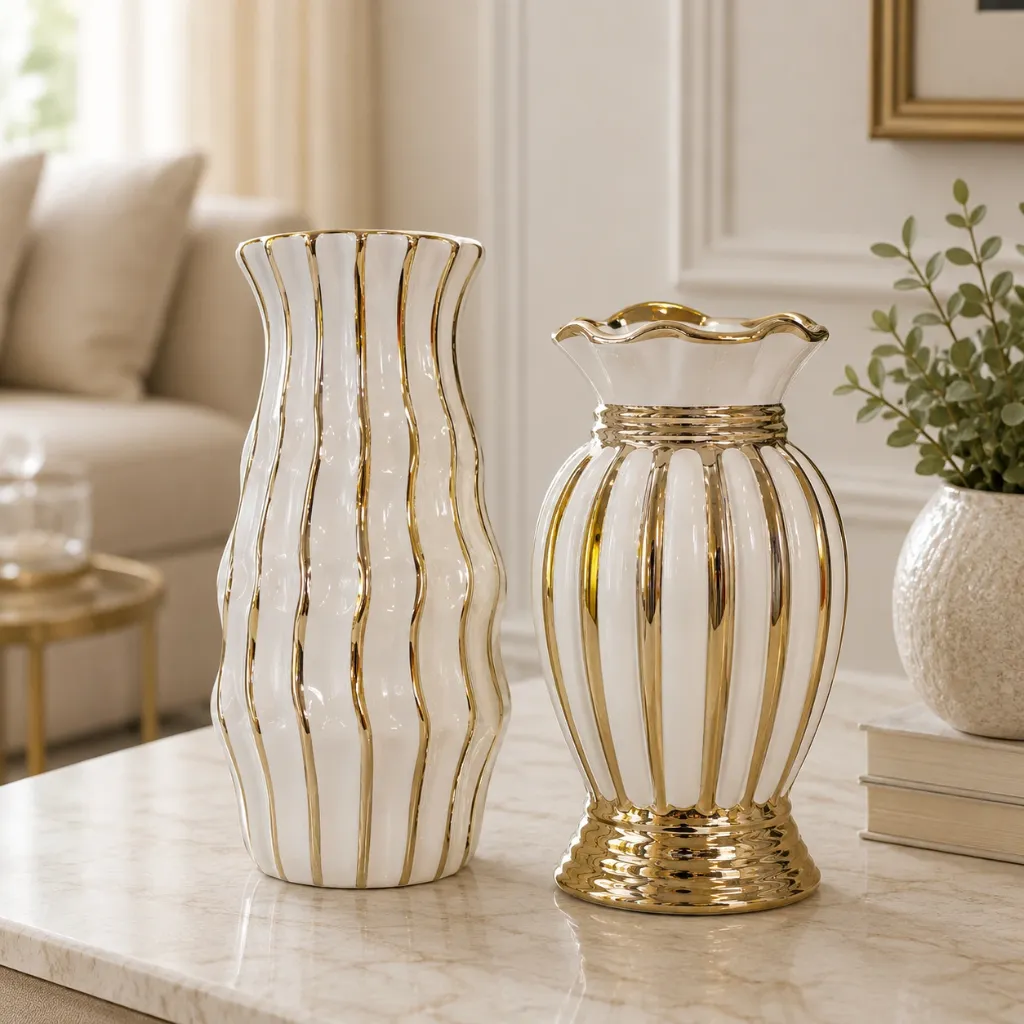 [HD-CVDS-2002] 2 Piece White and Gold Ceramic Vase Set - 7"