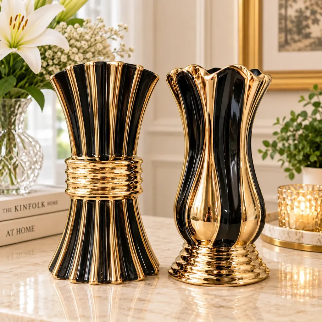 [HD-CVDS-2001] Black and Gold 2 Piece Ceramic Vase Set - 7"