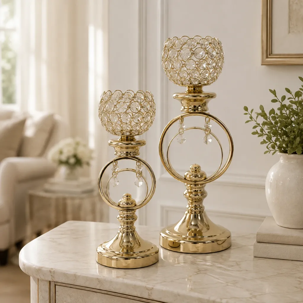 [HD-CAND-200S-G] 2 Piece Gold Crystal Beaded Candle Holder Set - 15"H and 13"H