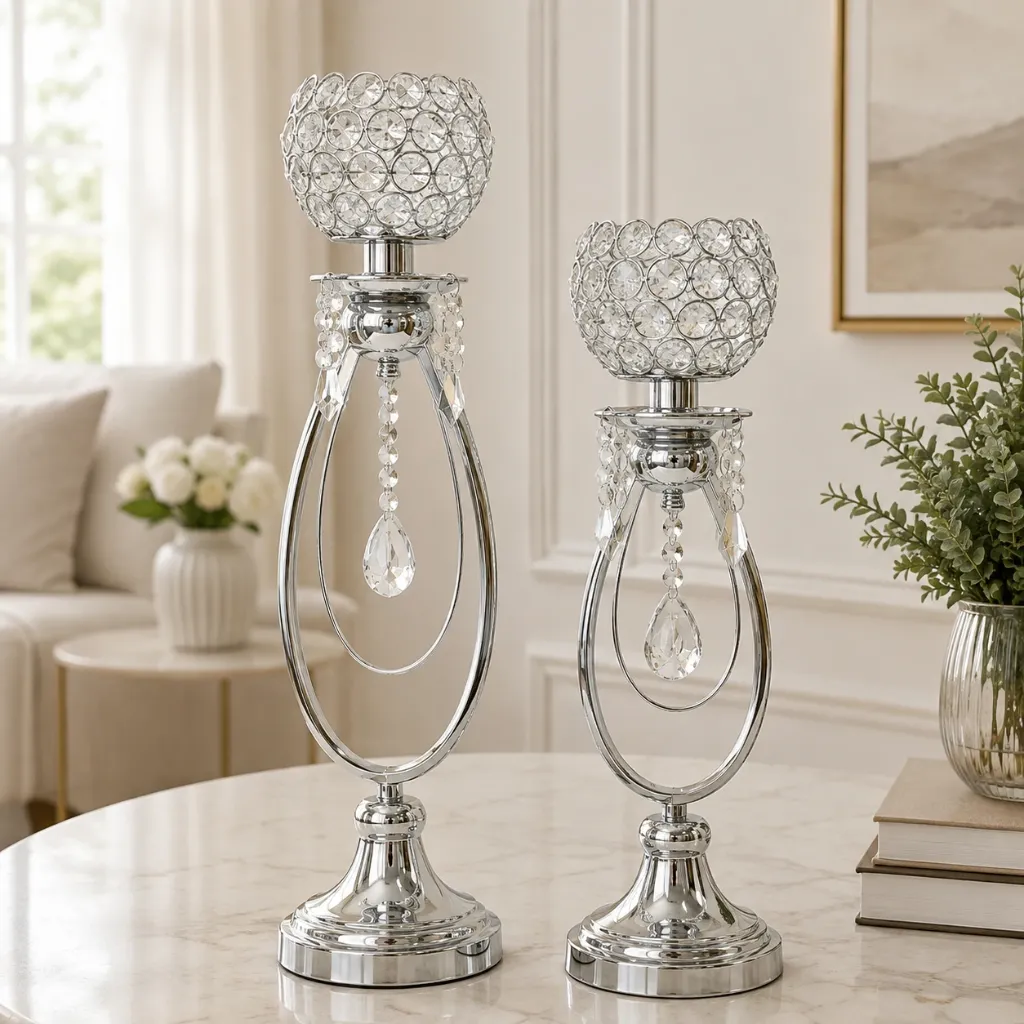 [HD-CAND-201S-S] 2 Piece Silver Crystal Beaded Candle Holder Set 20"H and 16"H