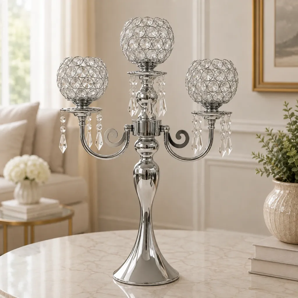 [HD-CAND-304-S] 3 Arm Silver Crystal Beaded Candelabra - 21"