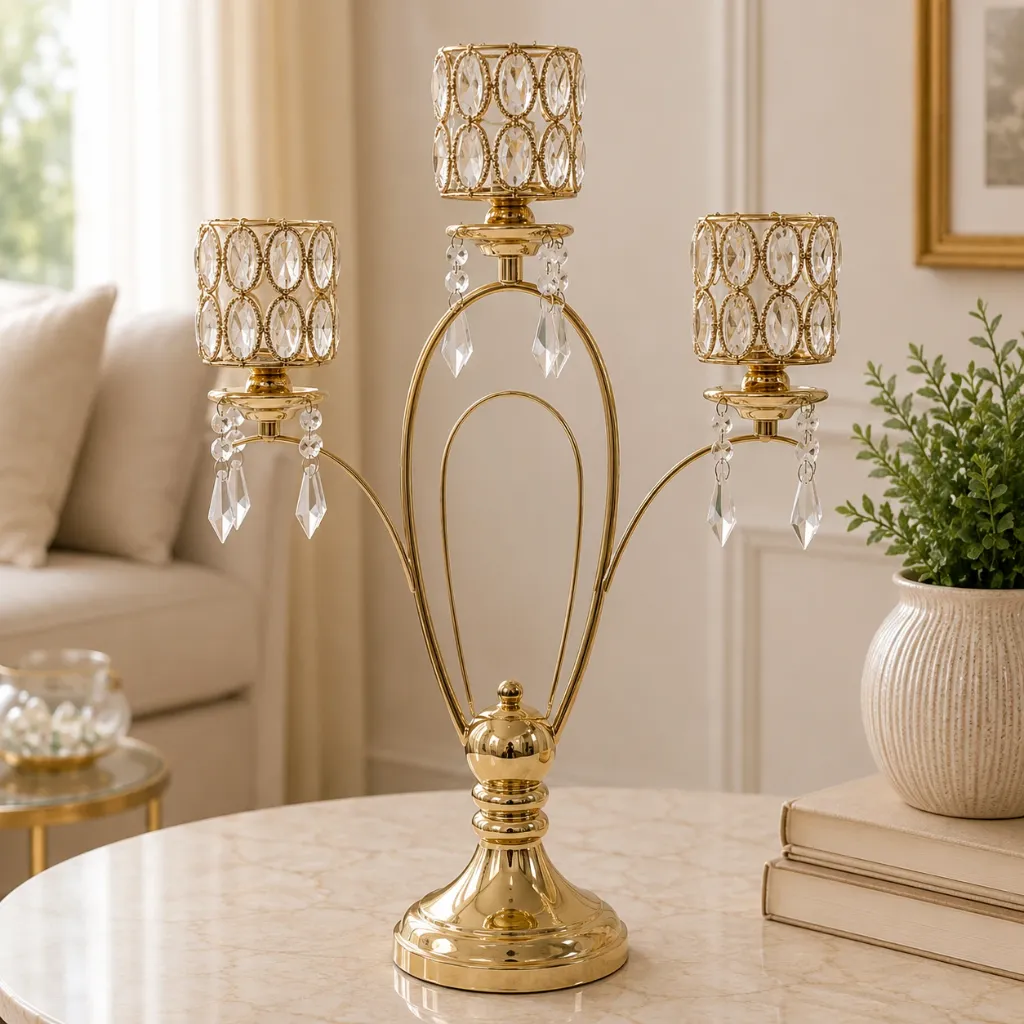 [HD-CAND-303-G] 3 Arm Gold Crystal Beaded Candelabra - 21"