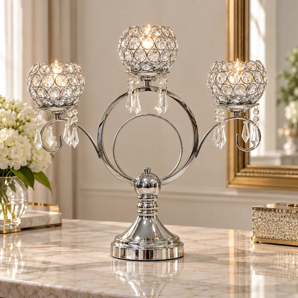 [HD-CAND-302-S] 3 Arm Silver Crystal Beaded Candelabra - 18"