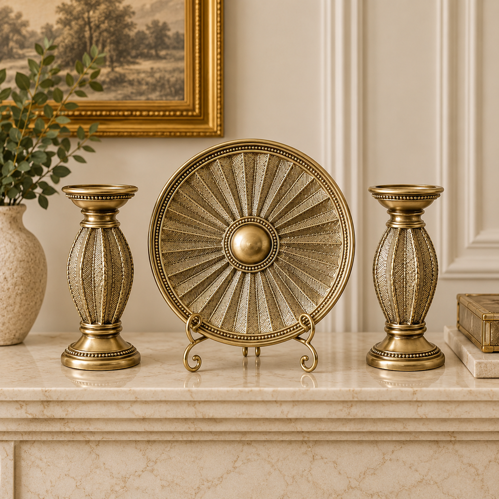 [HD-1P2C-600] 3 Piece Beige Gold Decorative Plate & Candle Holder Set
