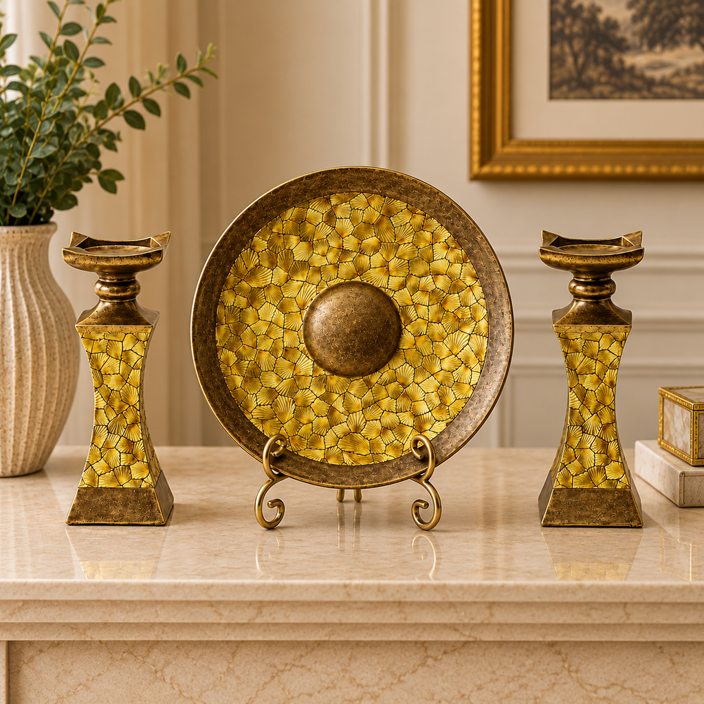 [HD-1P2C-400] 3 Piece Bronze Gold Decorative Plate & Candle Holder Set