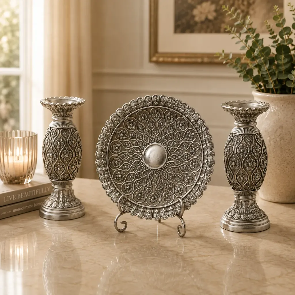 [HD-1P2C-200] 3 Piece Gold Decorative Plate & Candle Holder Set