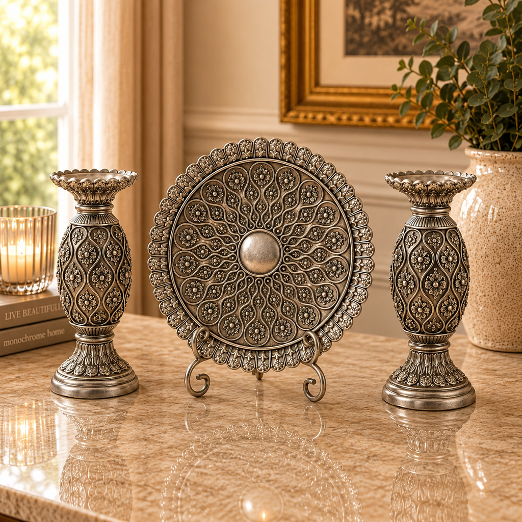 [HD-1P2C-300] 3 Piece Silver Decorative Plate & Candle Holder Set