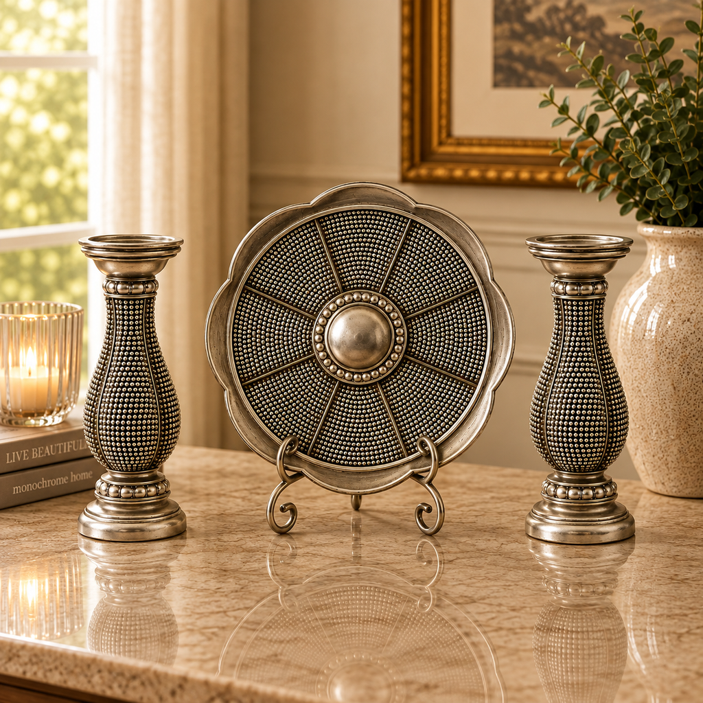 [HD-1P2C-700] 3 Piece Silver Decorative Plate & Candle Holder Set