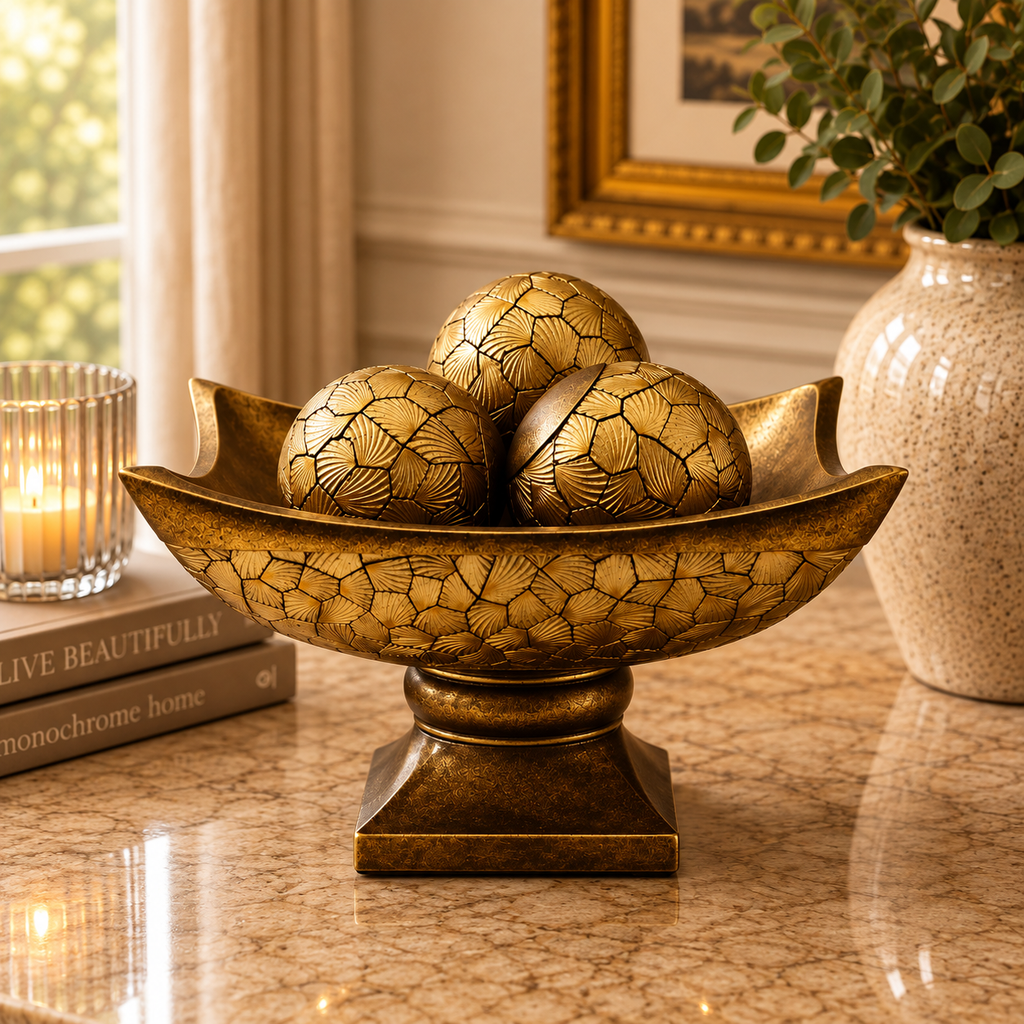 4 Piece Bronze Gold Decorative Bowl & Orbs Set