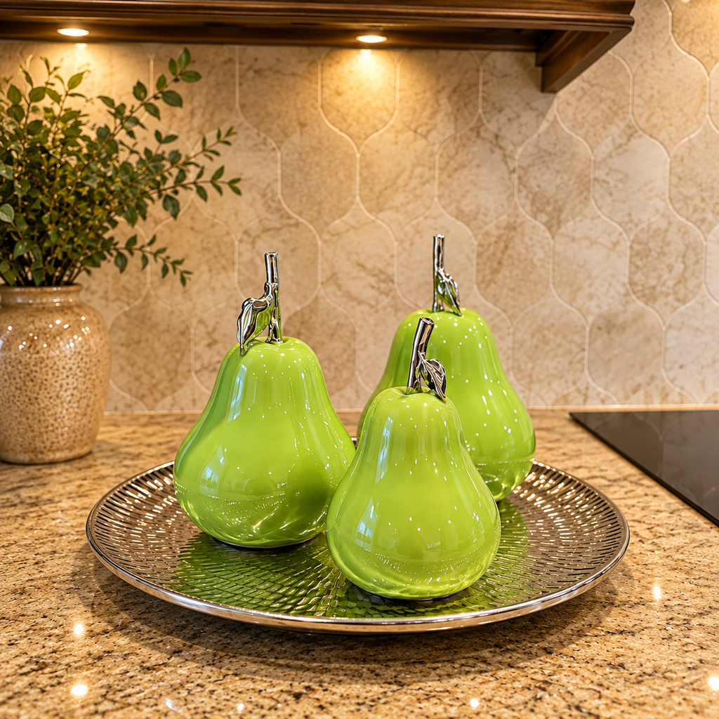 4 Piece Ceramic Shiny Pear Decor Set- 15x15x8 Inches