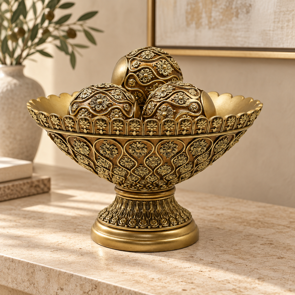 4 Piece Gold Decorative Bowl & Orbs Set