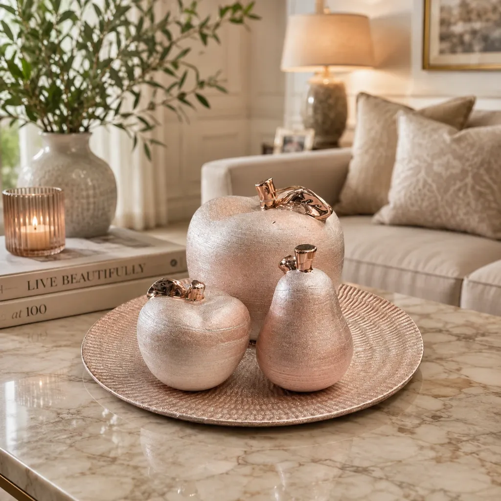 4 Piece Rose Gold Ceramic Apples & Pear Shiny Decor Set - 14 x 14 x 8 Inches