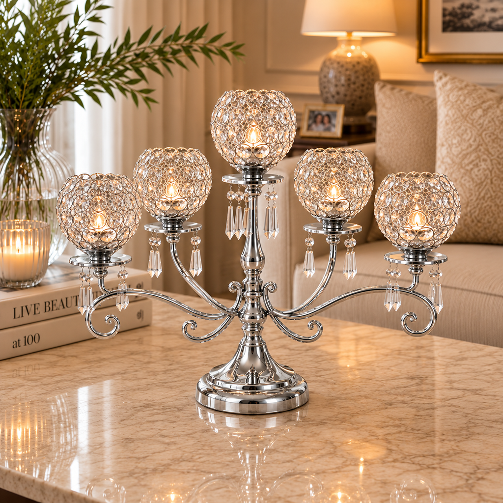 [HD-CAN-503-S] 5 Arm Crystal Beaded Candelabra - 15"
