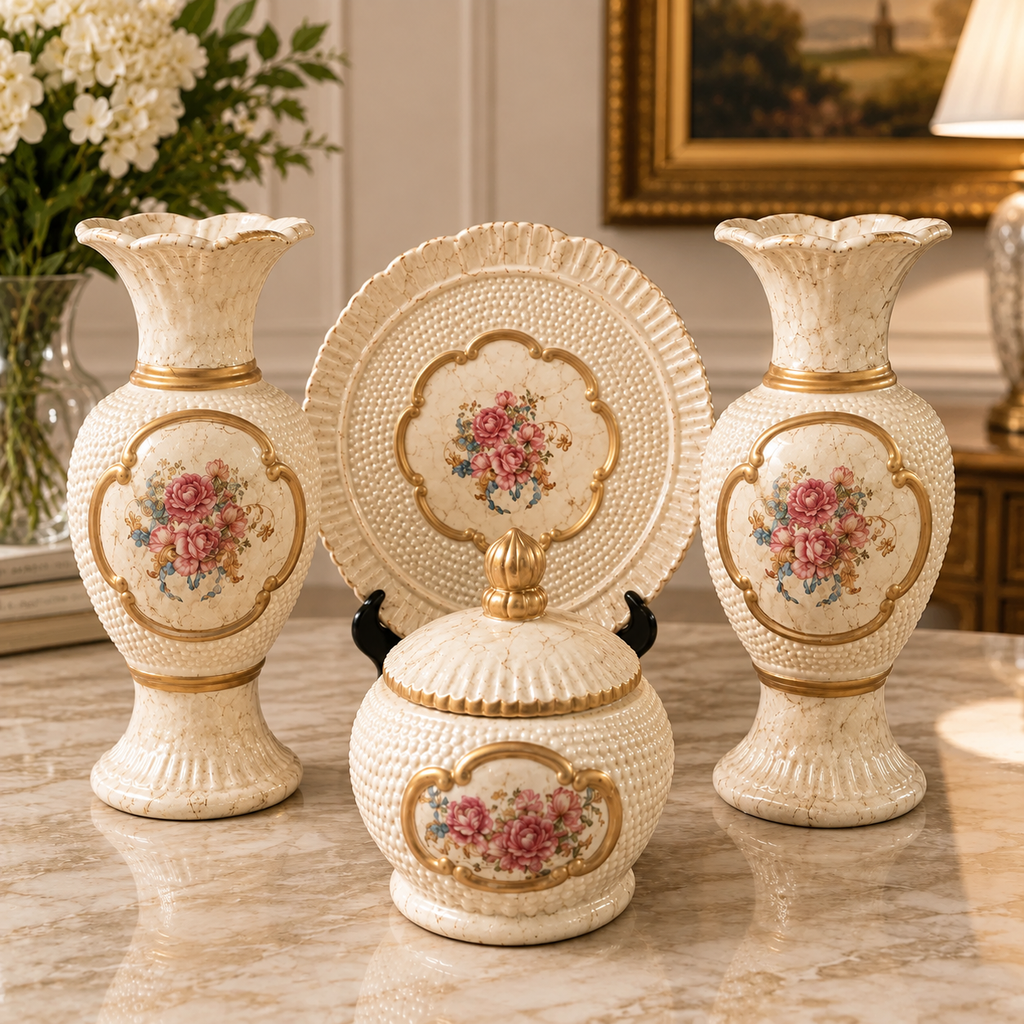 [HD-20004S4] Beige Floral Design 4 Piece Ceramic Vase Accessory Set - 10"