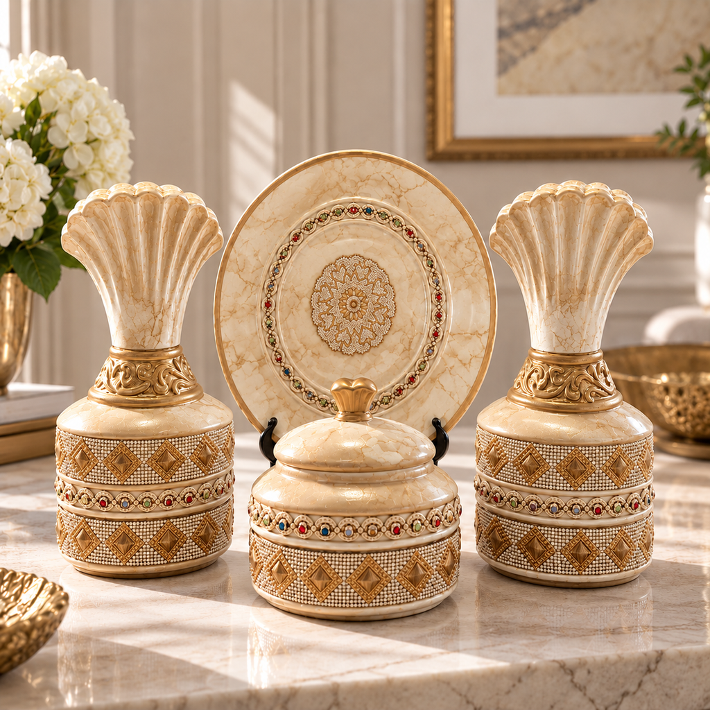 [HD-20001S4] Beige and Gold 4 Piece Ceramic Vase Set - 10"