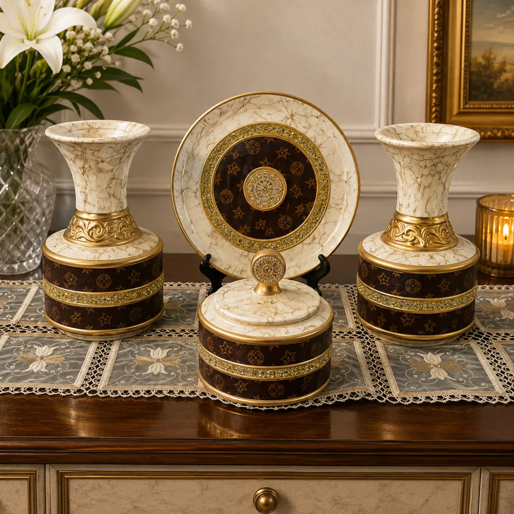 [HD-20003S4] Beige, Gold and Brown Sparkled Four Piece Ceramic Vase Accessory Set - 10"