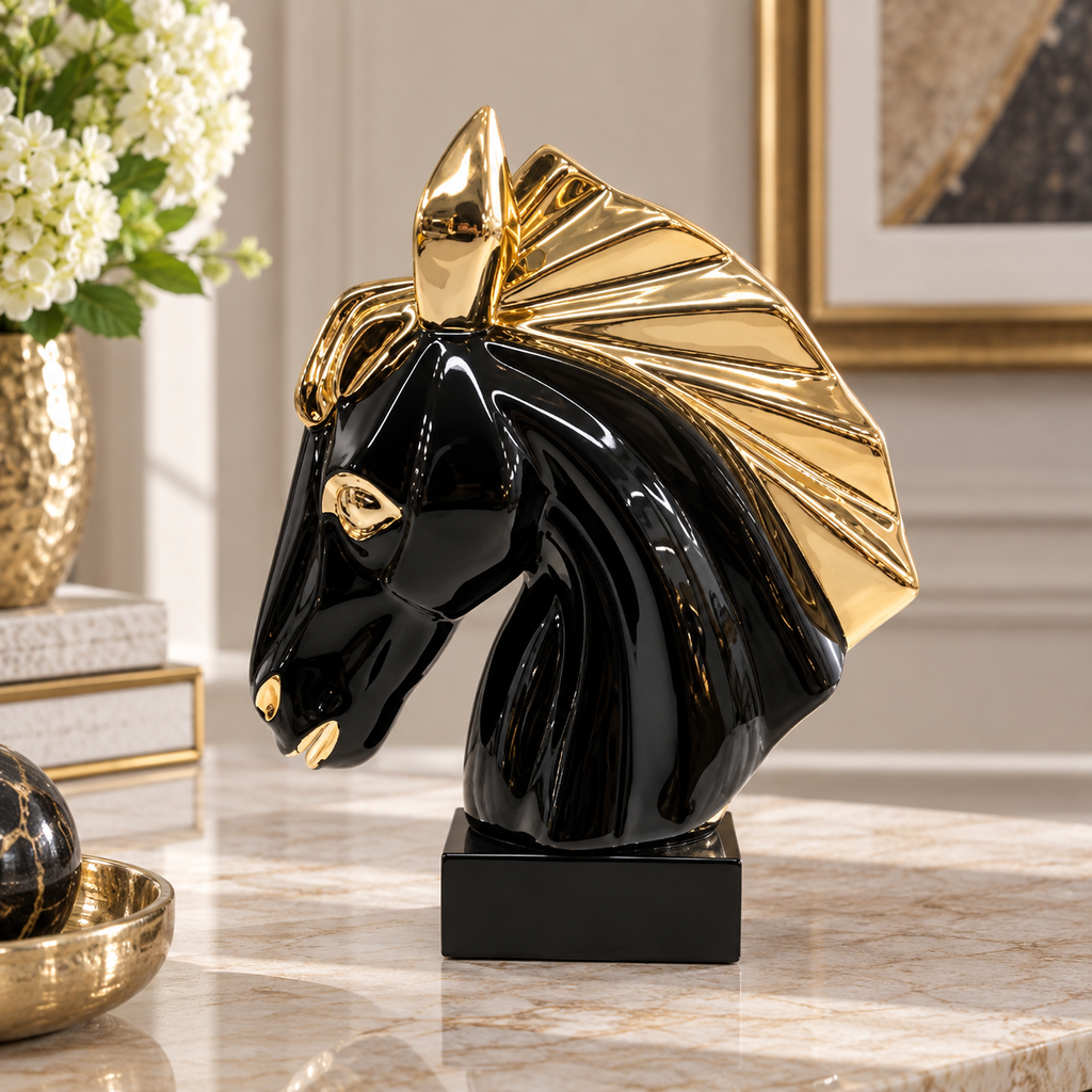 [HD-HORSEH-100] Black and Gold Ceramic Horse Sculpture 12"