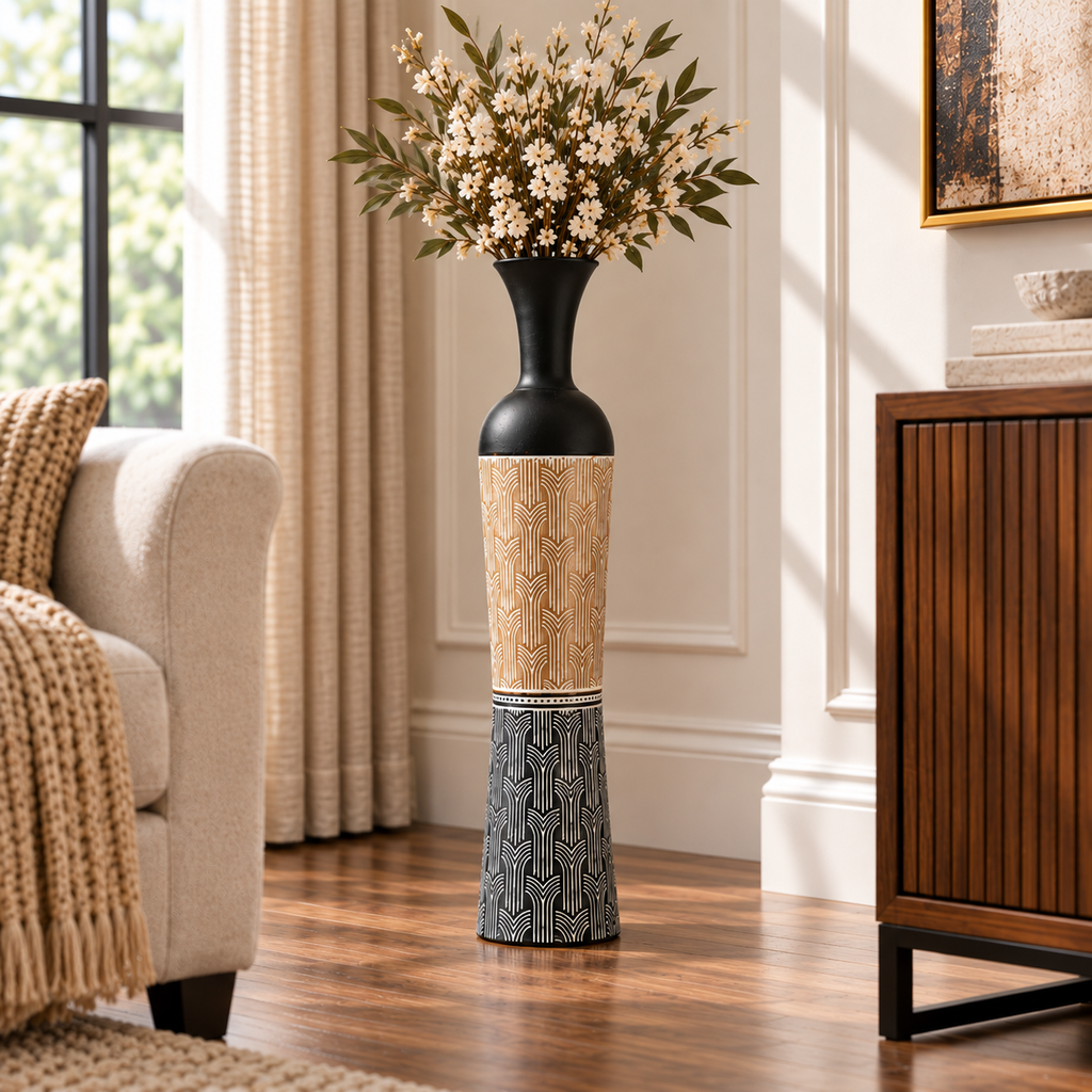 [HD-MV-509] Black, Gold and Beige Embossed Metal Decorative Vase - 34"
