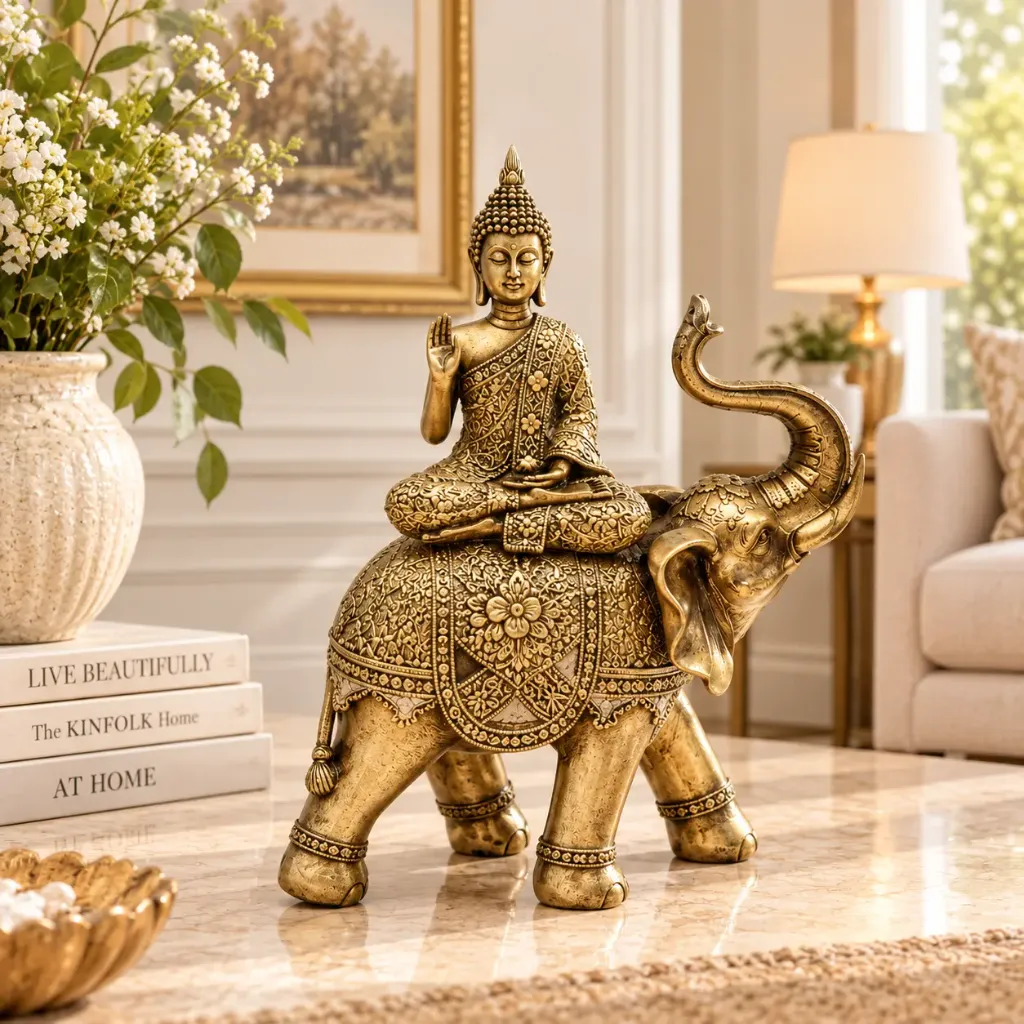 [HD-ELEPHBUD-100] Extra Large Buddha on Elephant figurine - 22"