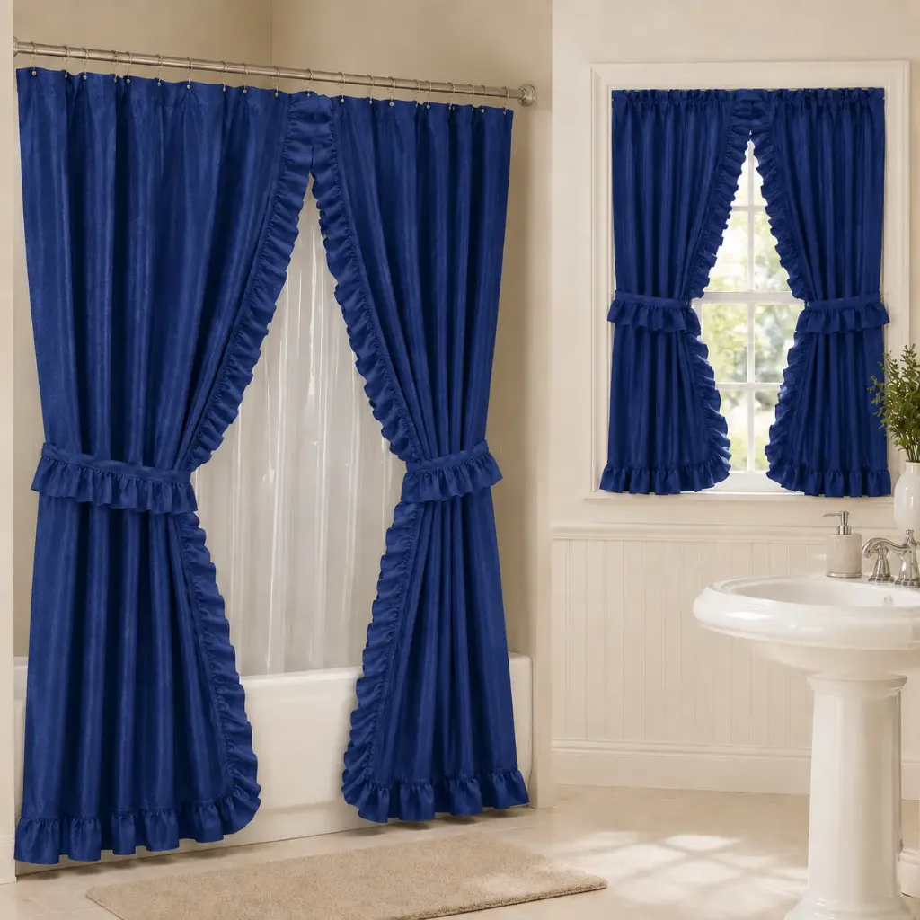 Fabric Double Swag Shower Curtain Set w/ Fabric Ruffled Window Curtain & Liner