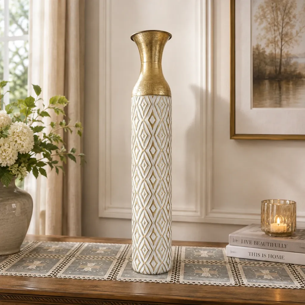 [HD-MV-504] Gold and Beige Embossed Metal Decorative Vase - 29"