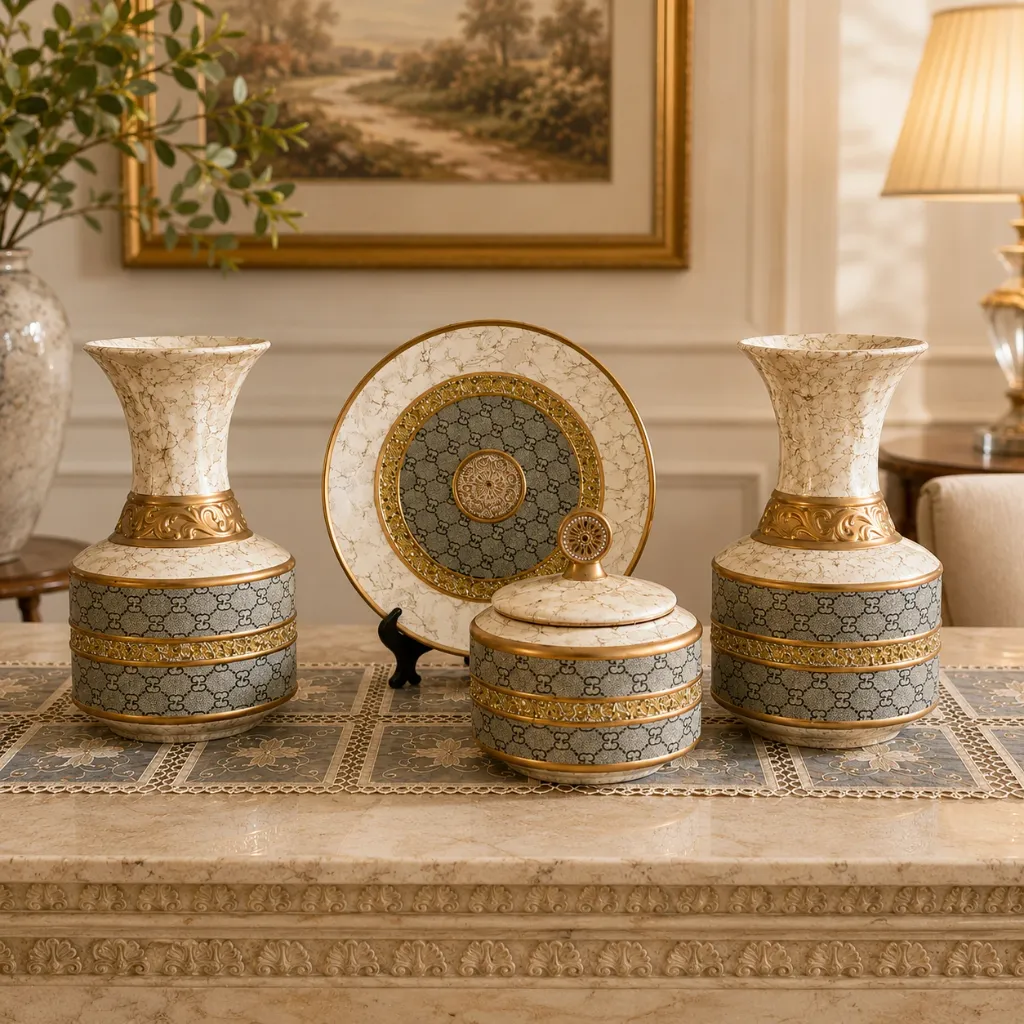 [HD-51S4] Gold and Beige Four Piece Ceramic Vase Set - 12"