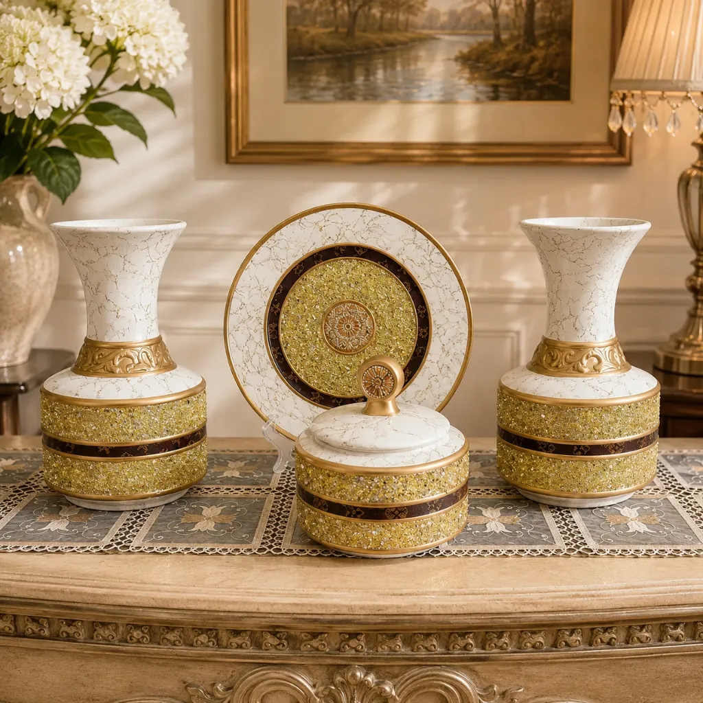[HD-4PCVS-105] Gold and Beige Sparkled Four Piece Ceramic Vase Accessory Set - 12"