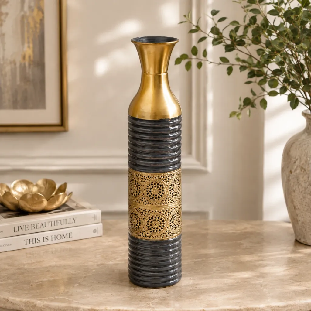 [HD-MV-503] Gold and Grey Embossed Metal Decorative Vase - 24"