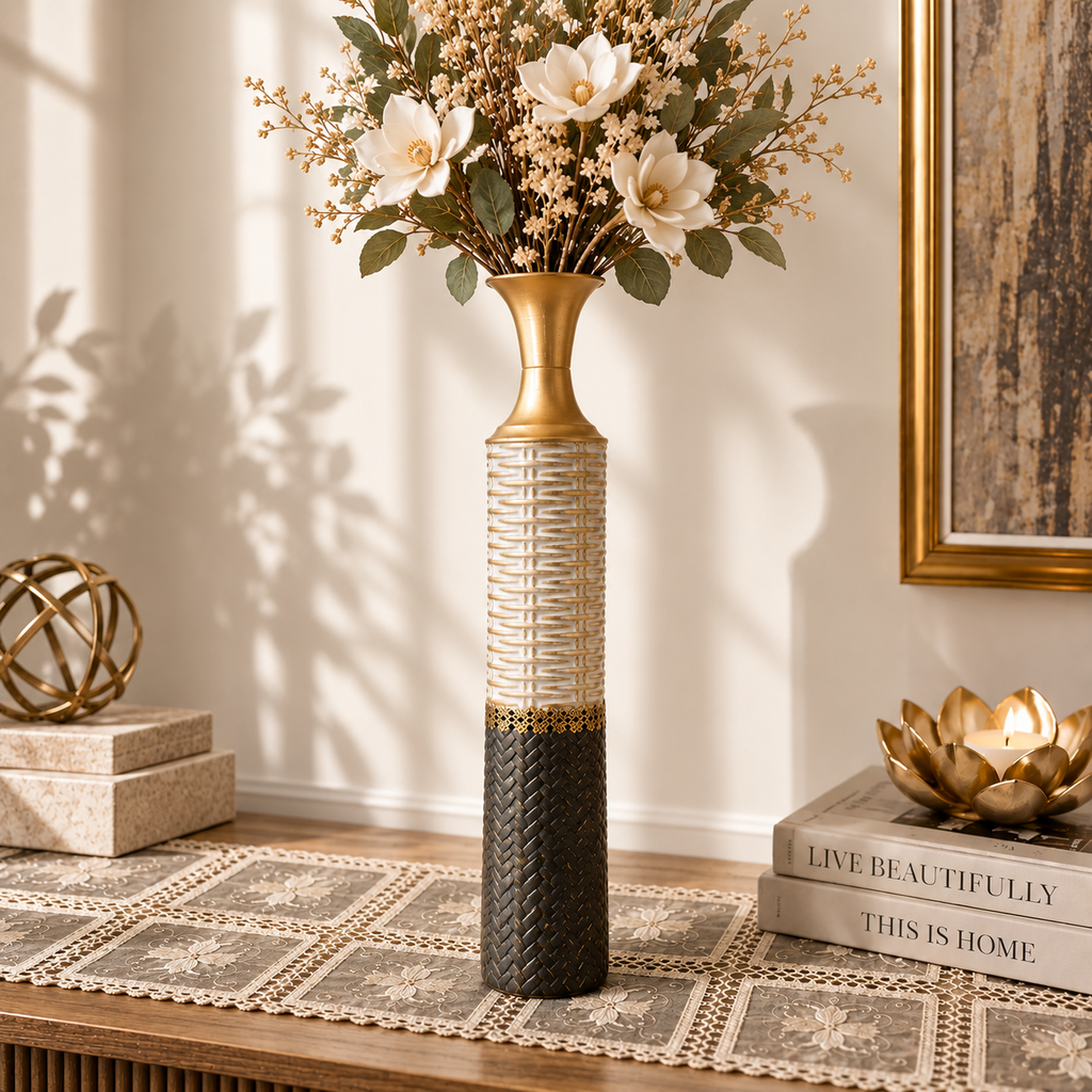 [HD-MV-507] Gold, Black and Beige Embossed Metal Decorative Vase - 34"