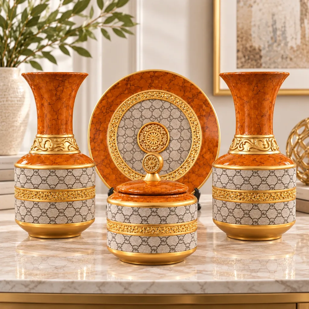 [HD-52S4] Orange Brown & Gold Four Piece Ceramic Vase  Set - 12"