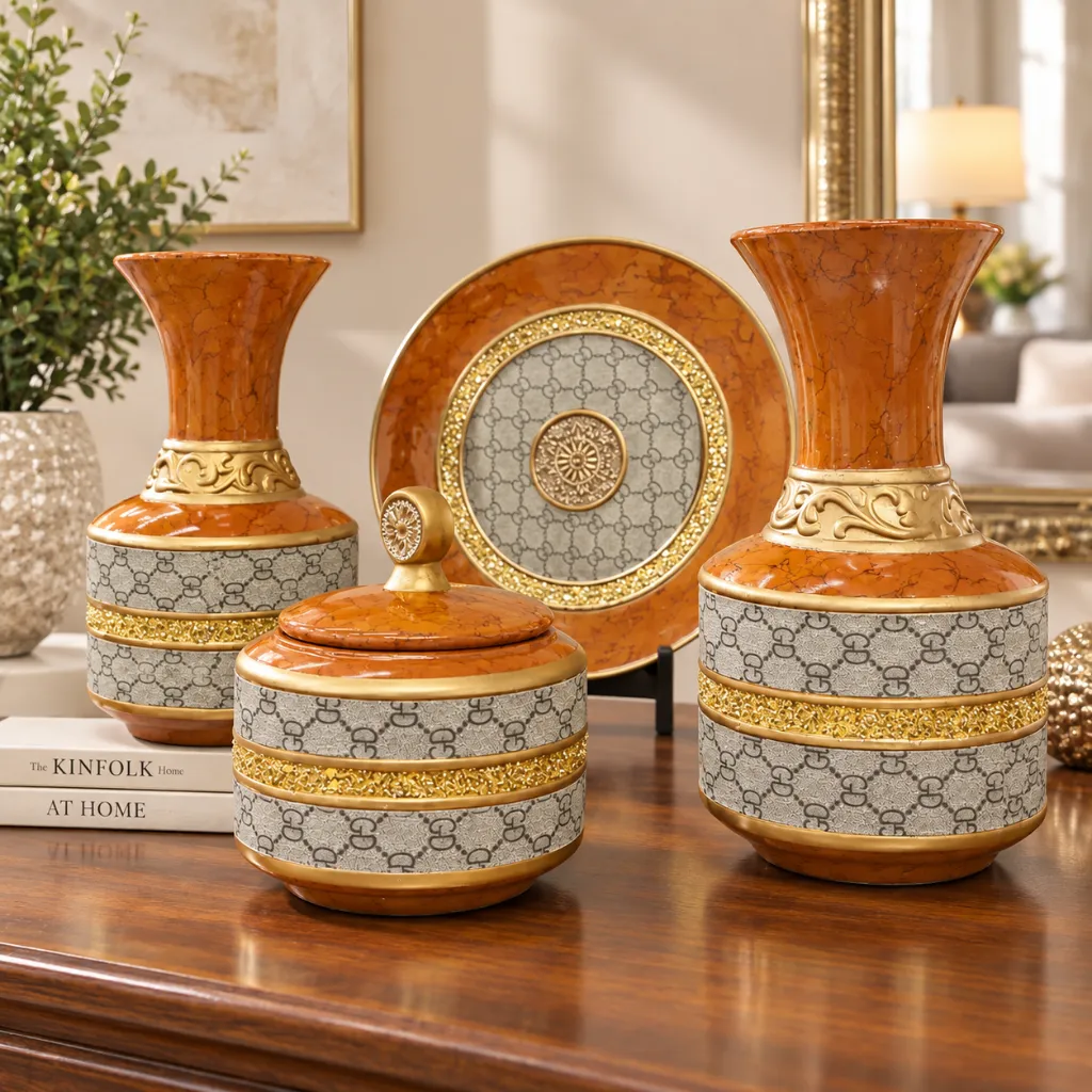[HD-53S4] Orange Brown & Gold Four Piece Ceramic Vase Accessory Set - 10"