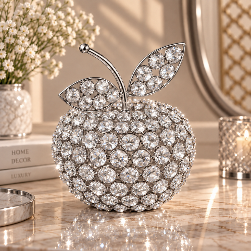 [HD-RS-APPLE] Silver Crystal Beaded Apple Sculpture