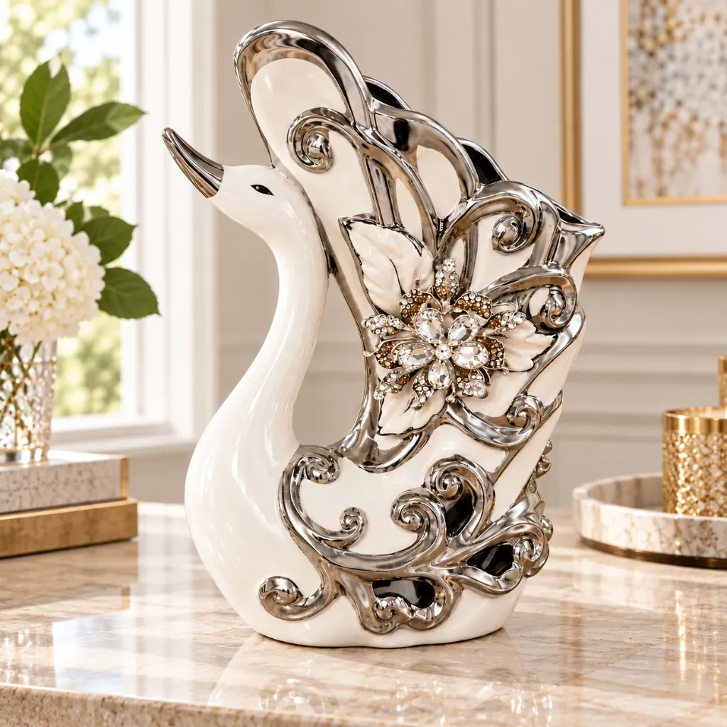 [HD-CVB-1006] Swan Ceramic Vase Sculpture - 12"