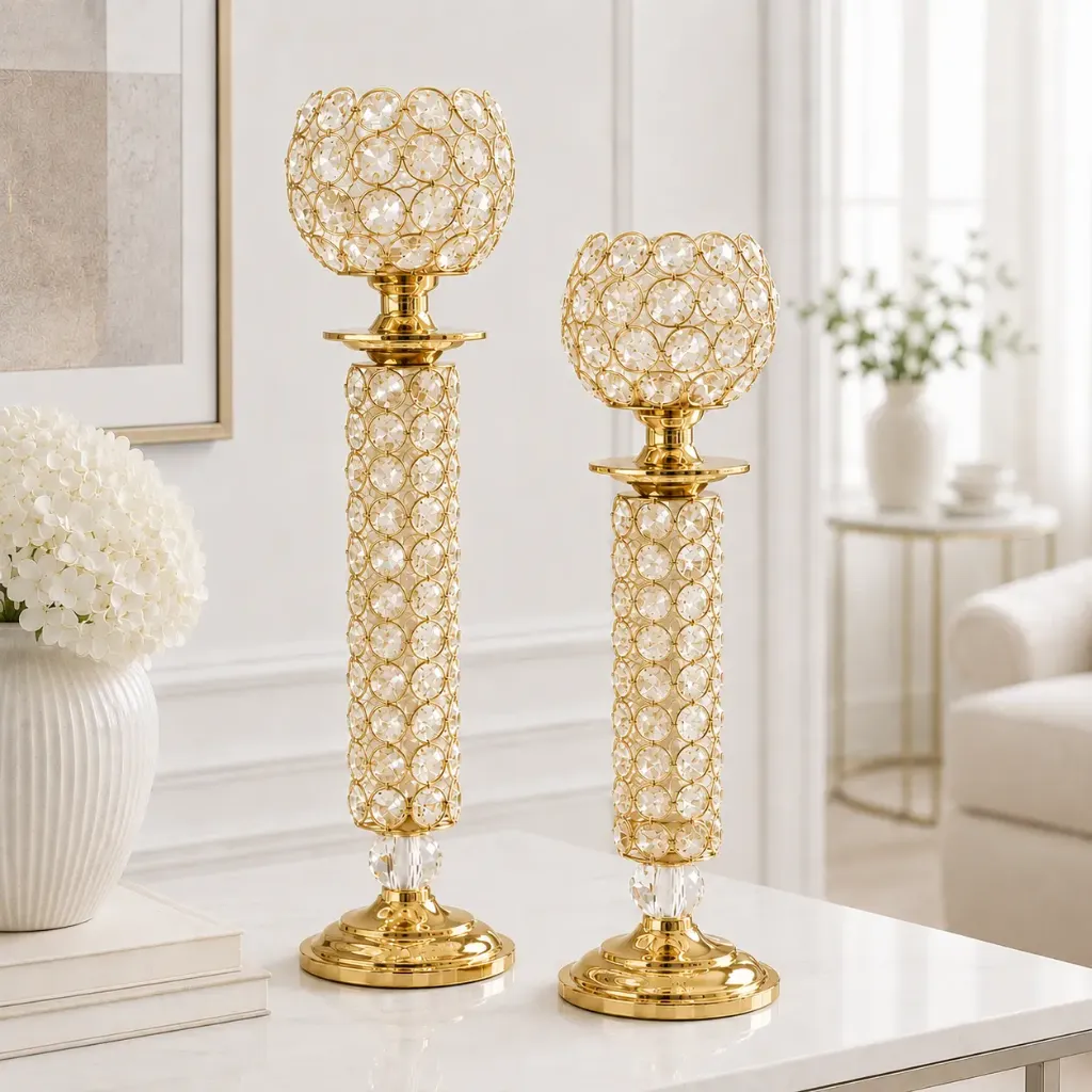 [HD-CAND-202S-G] 2 Piece Crystal Beaded Candle Holder Set 19"H and 17"H (Gold)
