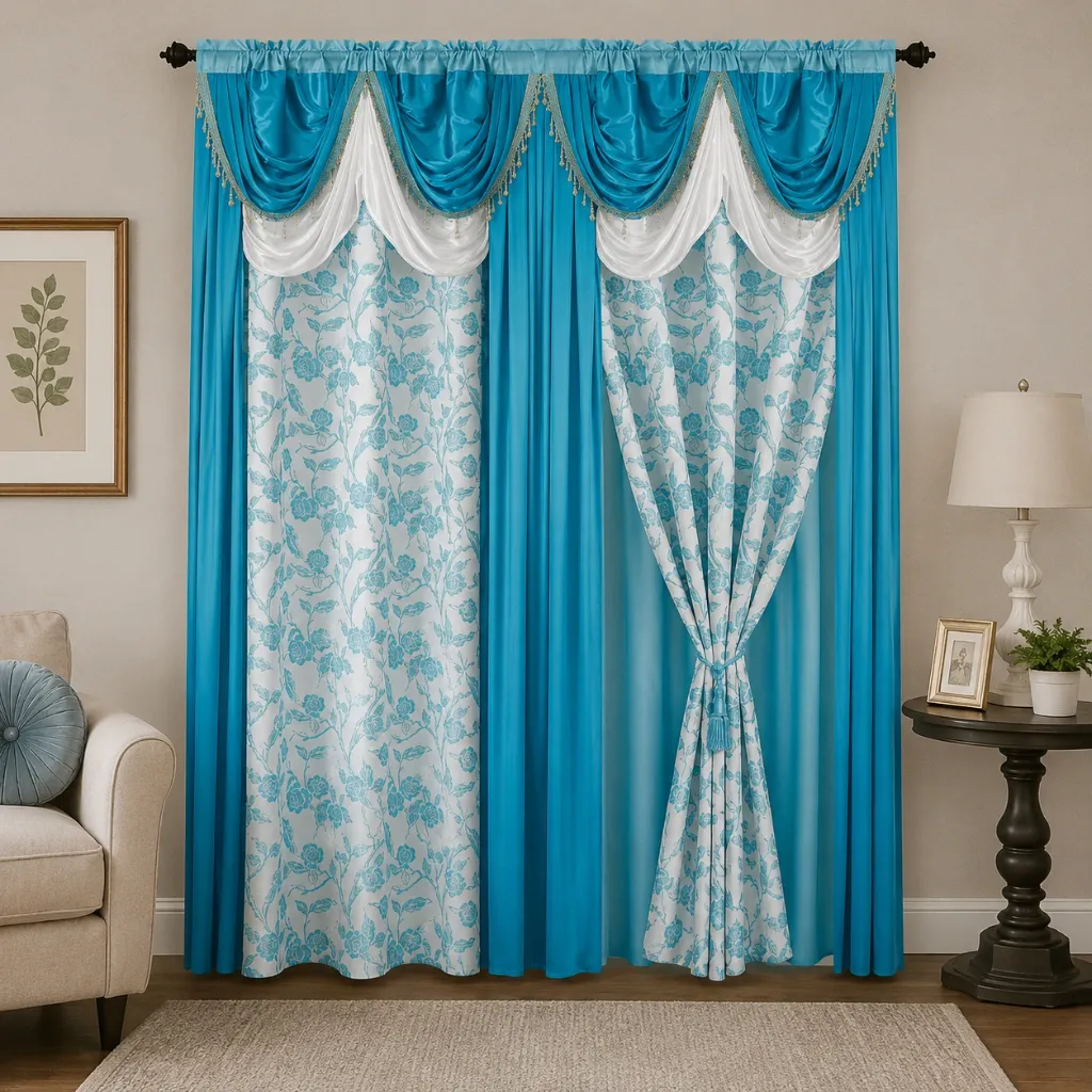 [WC-210-BLUE] 210 Scarf Jacquard Rod Pocket Panel with Attached Valance 54" x 84" (Blue)