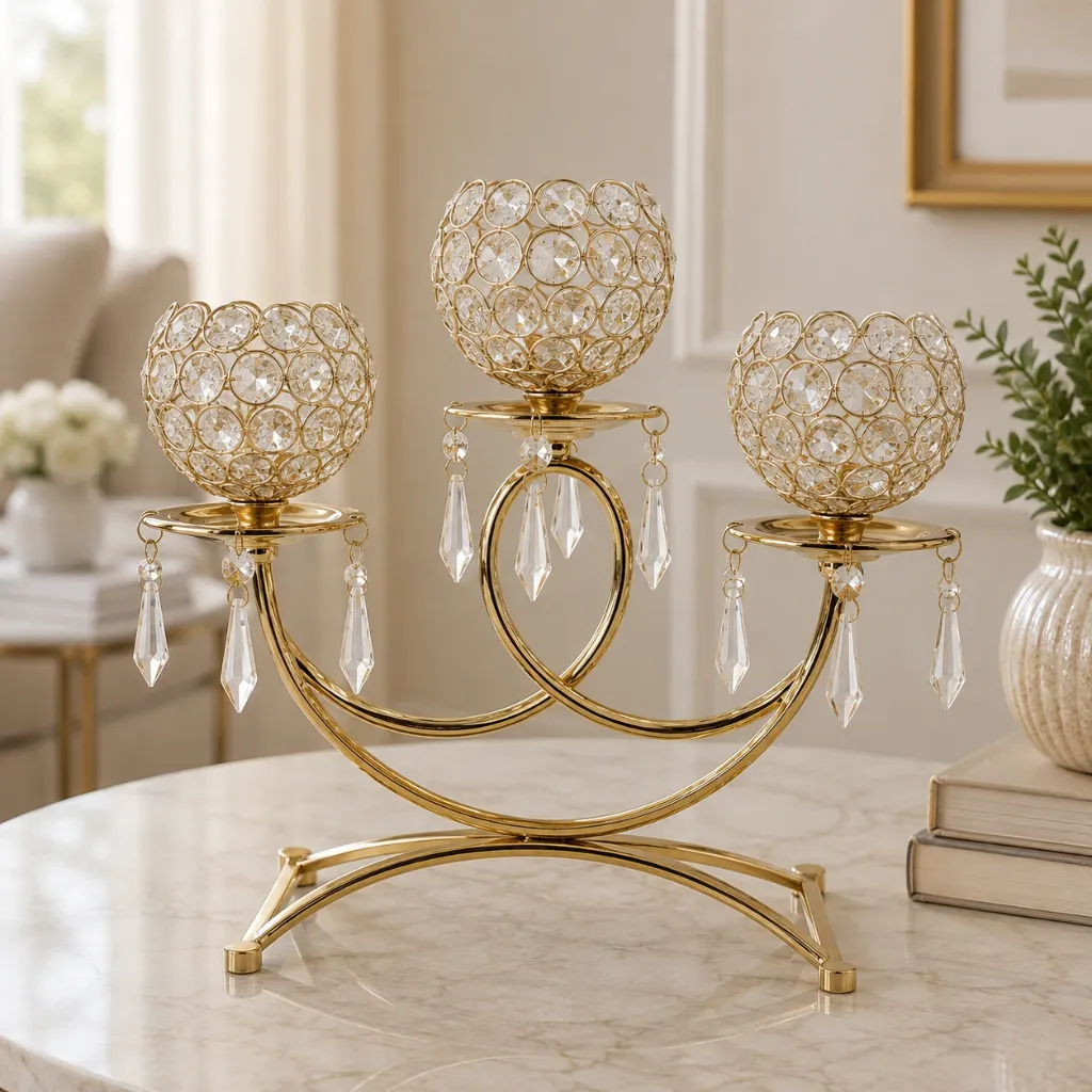 [HD-CAND-300-G] 3 Arm Crystal Beaded Candelabra - 13" (Gold)