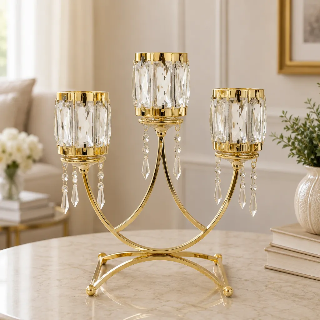 [HD-CAND-305-G] 3 Arm Crystal Candelabra - 12" (Gold)