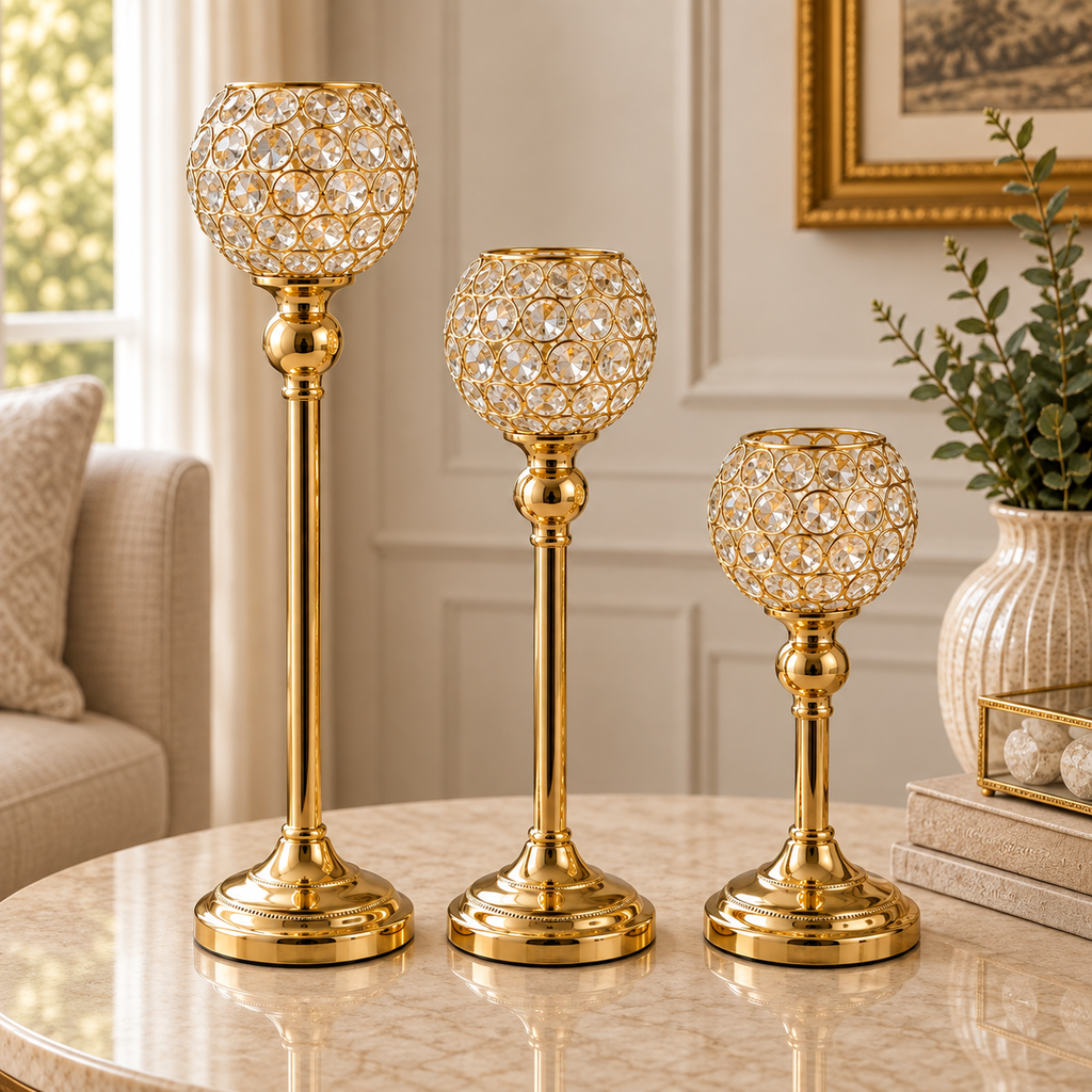 [HD-CAND-300S-G] 3 Piece Crystal Beaded Candle Holder Set 14.5"H ,12"H and 10"H (Gold)