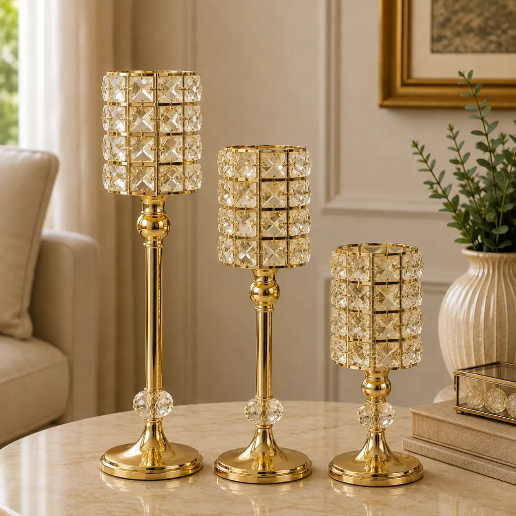 [HD-CAND-301S-G] 3 Piece Crystal Beaded Candle Holder Set 15"H ,13"H and 9"H (Gold)