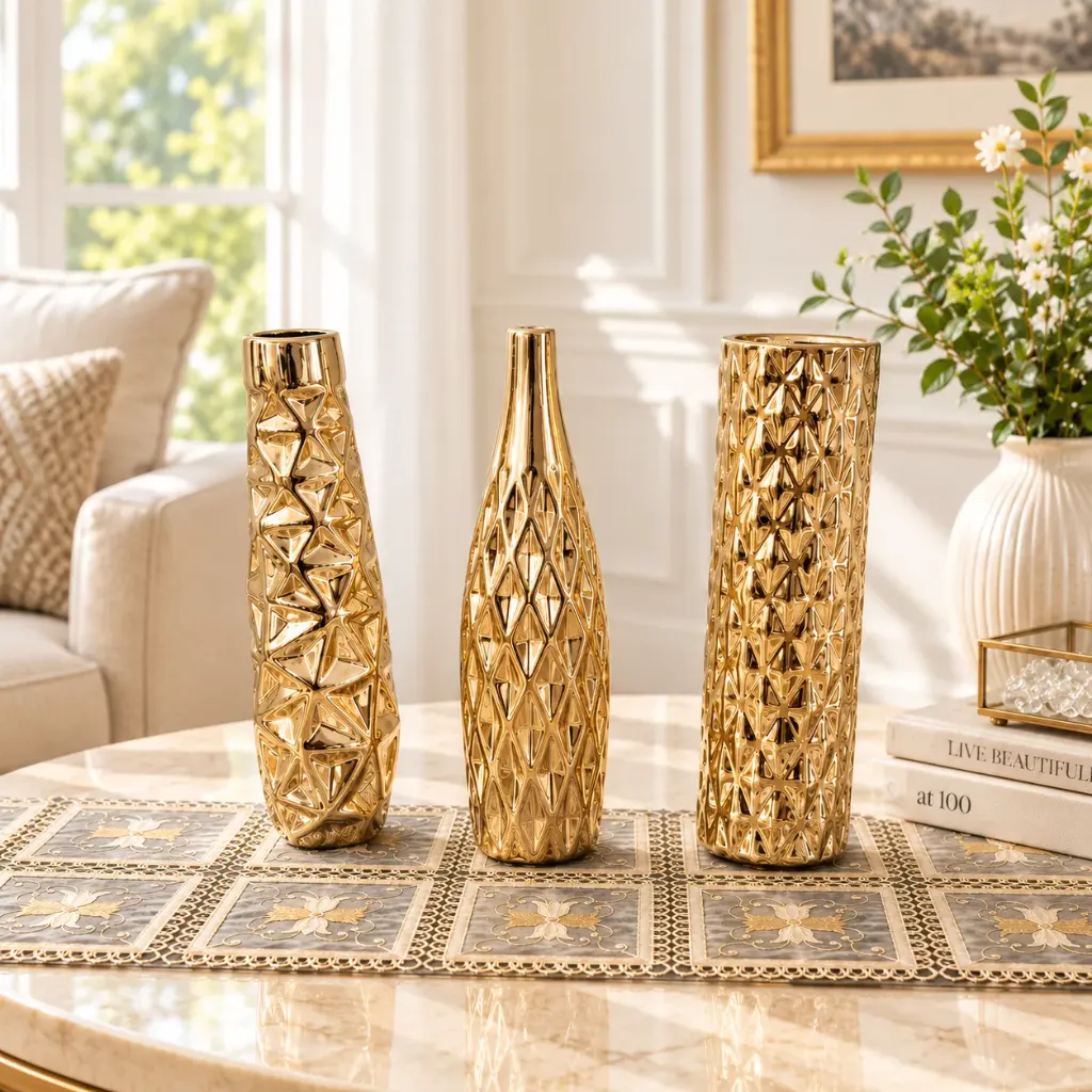 [HD-3PMV-300-G] 3 Piece Embossed Ceramic Vase Set - 12" (Gold)