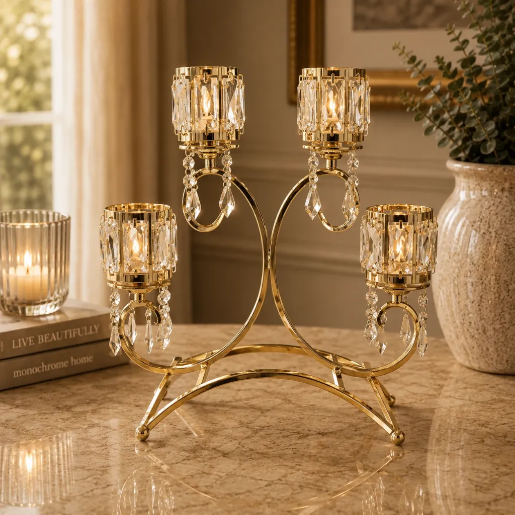 [HD-CAN-400-G] 4 Arm Crystal Candelabra - 15" (Gold)