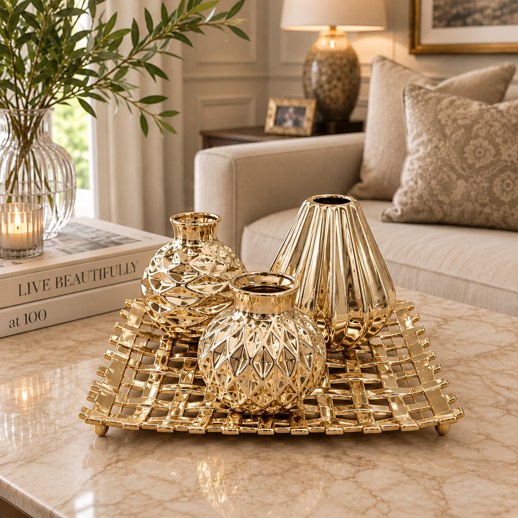 [HD-4PVT-100-G] 4 Piece Vase Set with 12" x 12" Tray (Gold)