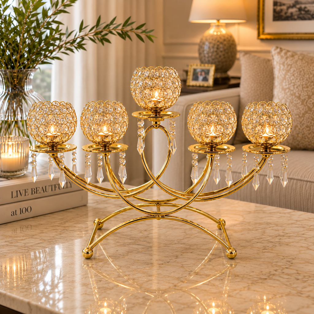[HD-CAN-500-G] 5 Arm Crystal Beaded Candelabra - 14" (Gold)