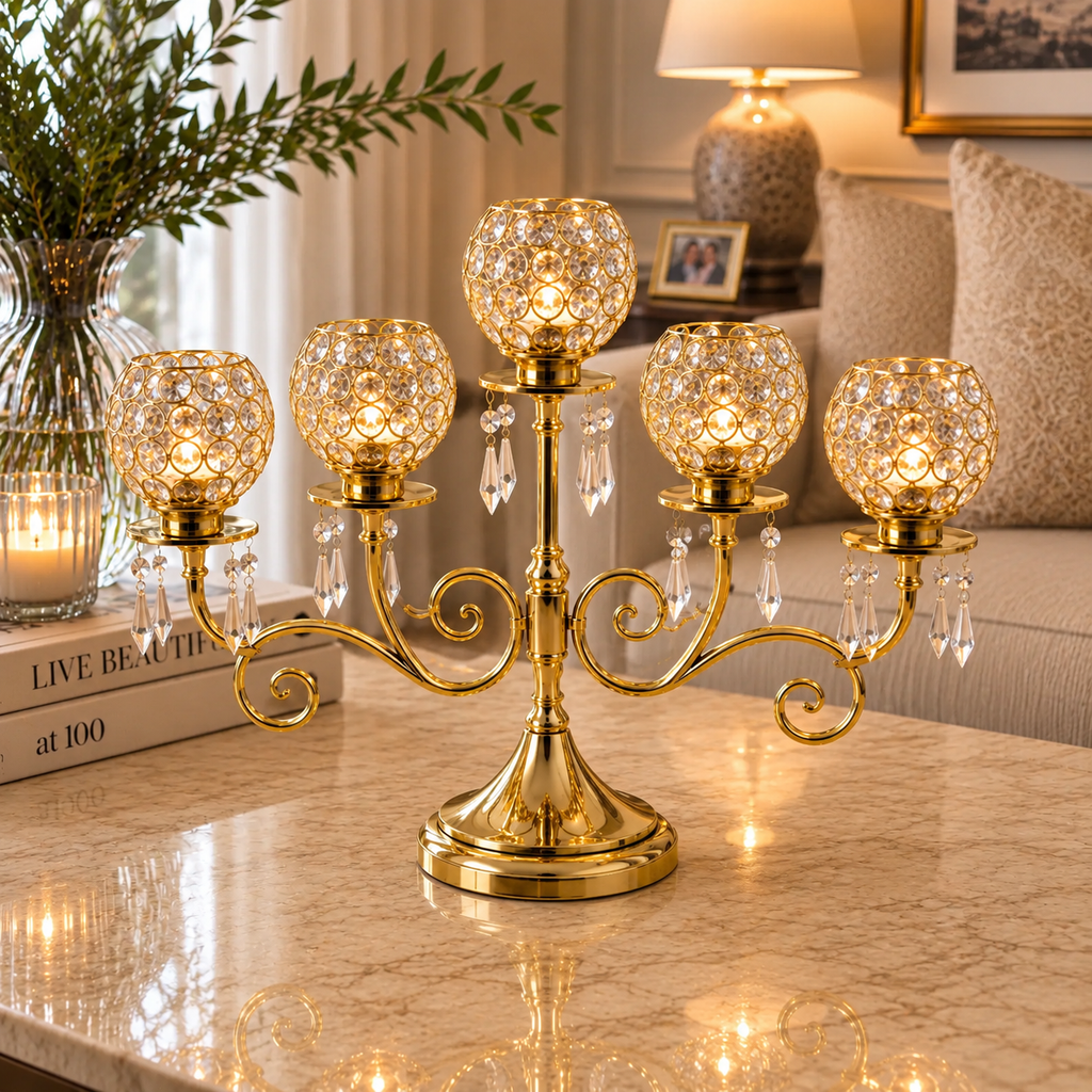 [HD-CAN-501-G] 5 Arm Crystal Beaded Candelabra - 16" (Gold)