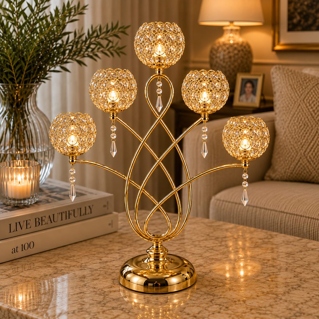 [HD-CAND-502-G] 5 Arm Crystal Beaded Candelabra - 24.5" (Gold)